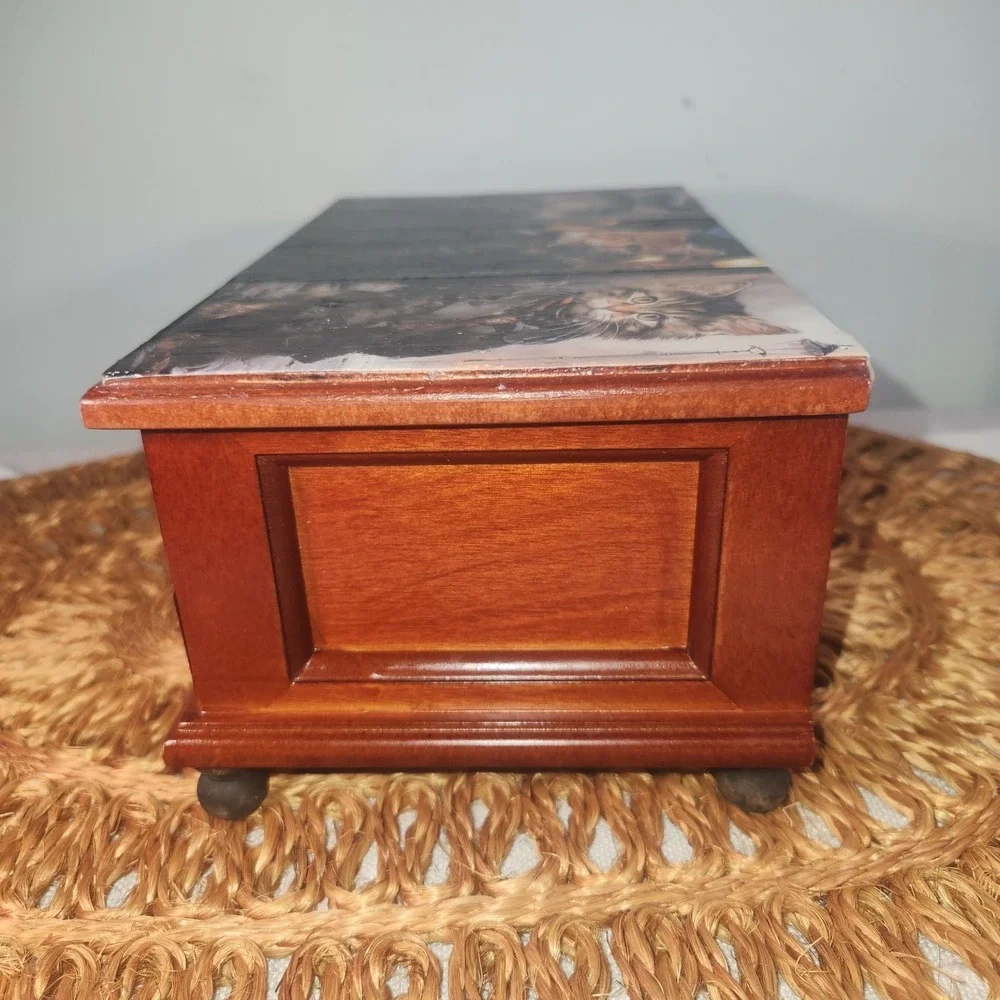 Upcycled Wooden Jewelry Box • Whimsical Victorian Kittens • Red Velvet Lined